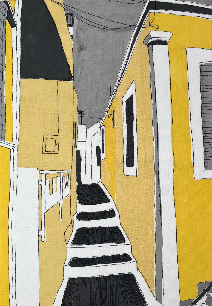 Menetes II
Screentryck med pappersschabloner och broder på gammal linneduk, 100x70 cm.