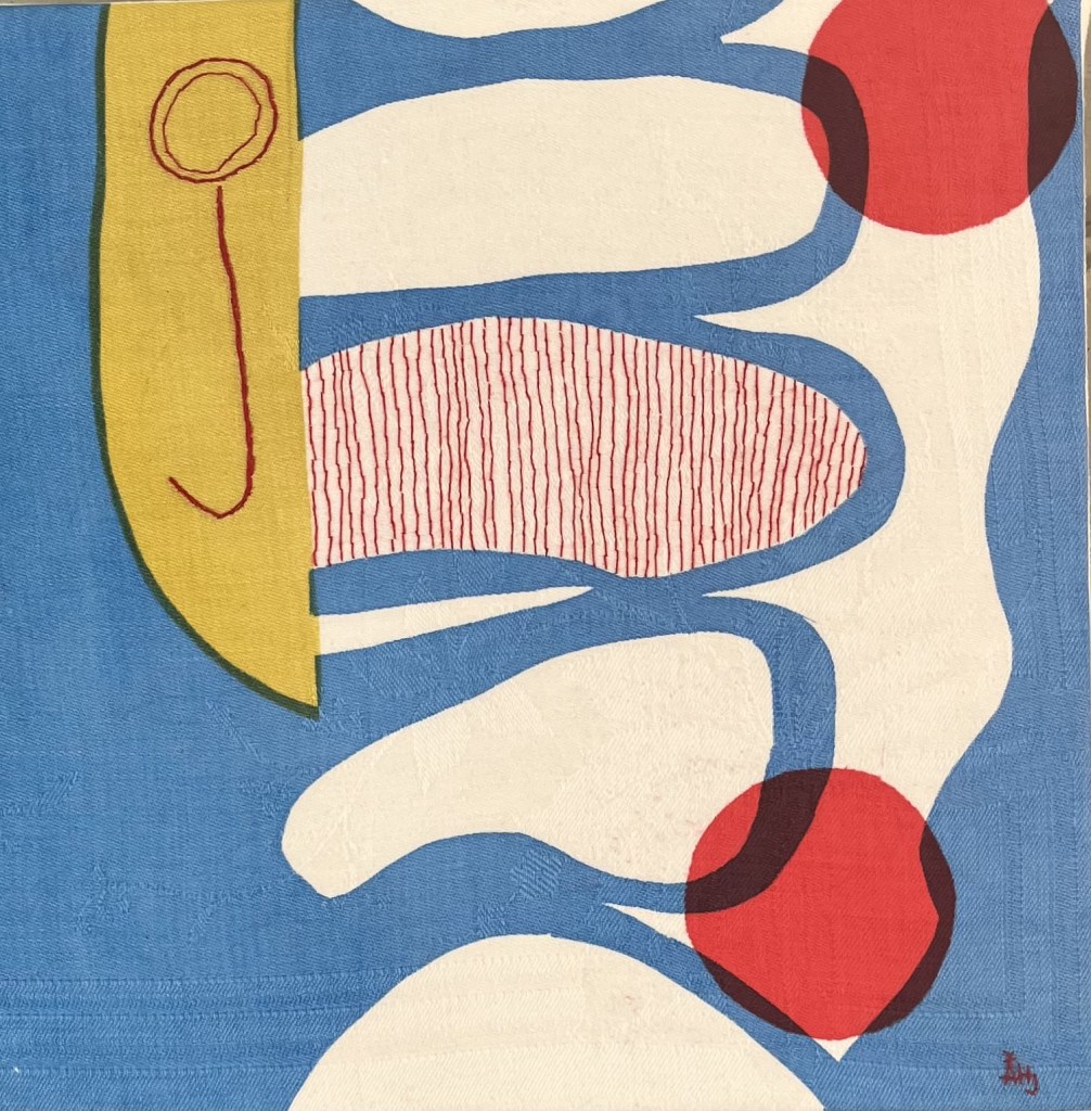 Under ytan 
Screentryck med pappersschabloner och broder på gammal linneduk, 30x30 cm.