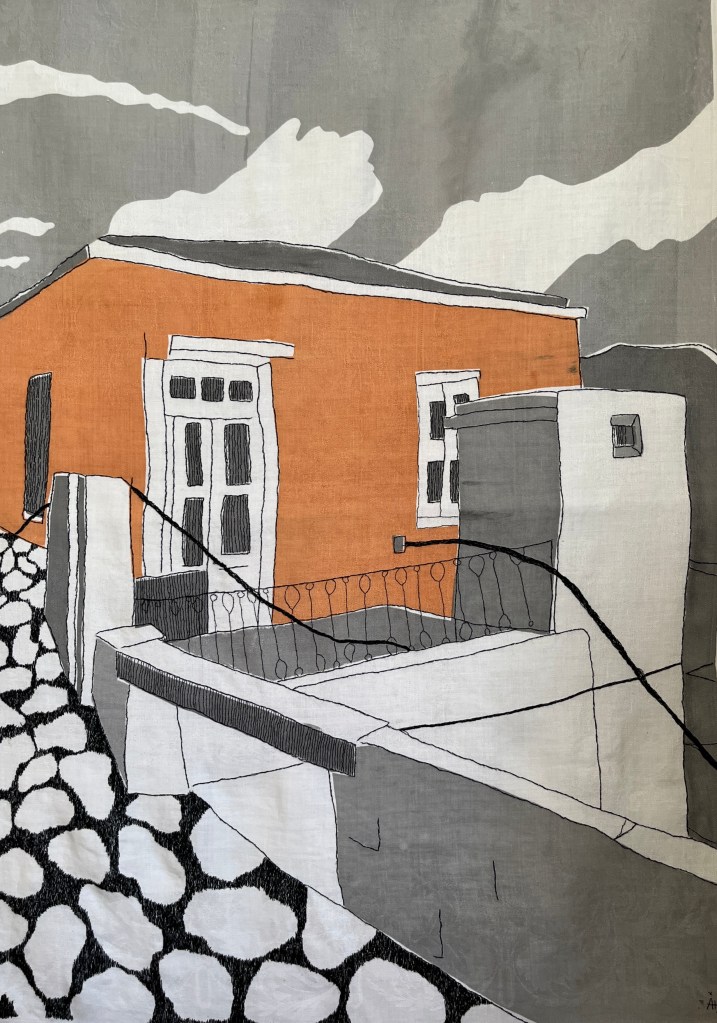 Menetes IV
Screentryck med pappersschabloner och broder på gammal linneduk, 100x70 cm.